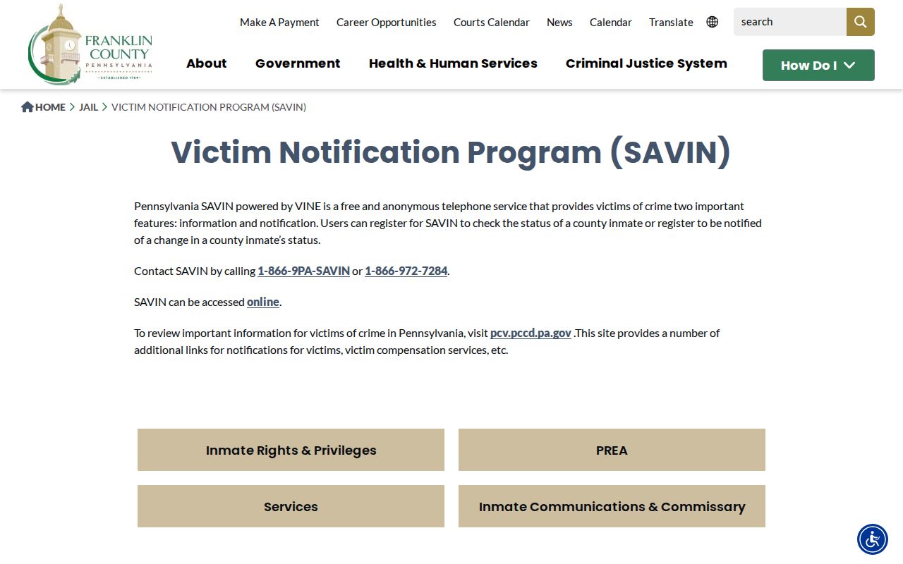 Franklin County released inmate SAVIN notification page