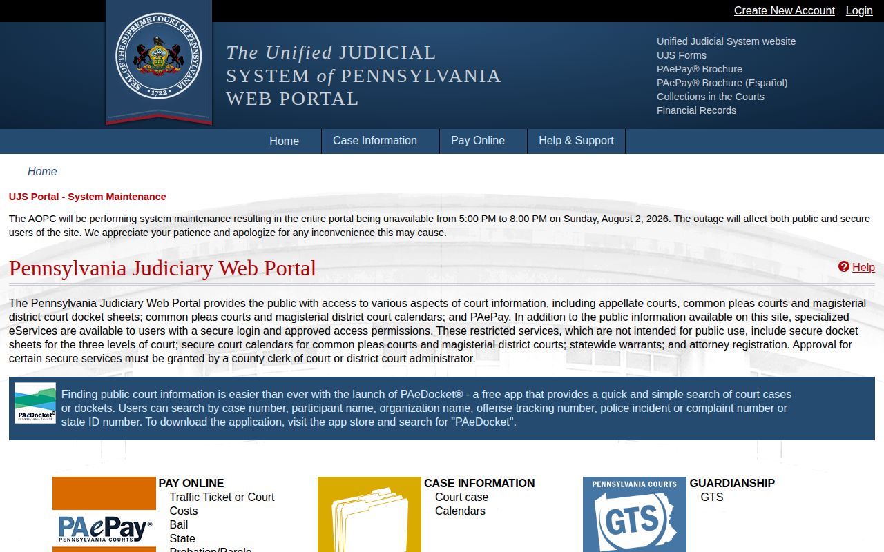 Pennsylvania court case search for Franklin County release records