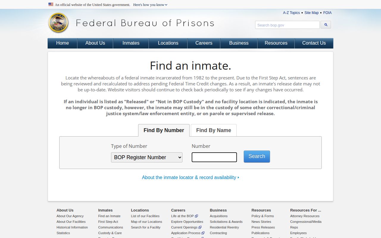 Federal BOP locator fields for a Franklin County release search